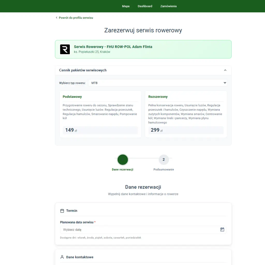 Panel rezerwacji online CycloPick – formularz umówienia wizyty w serwisie rowerowym
